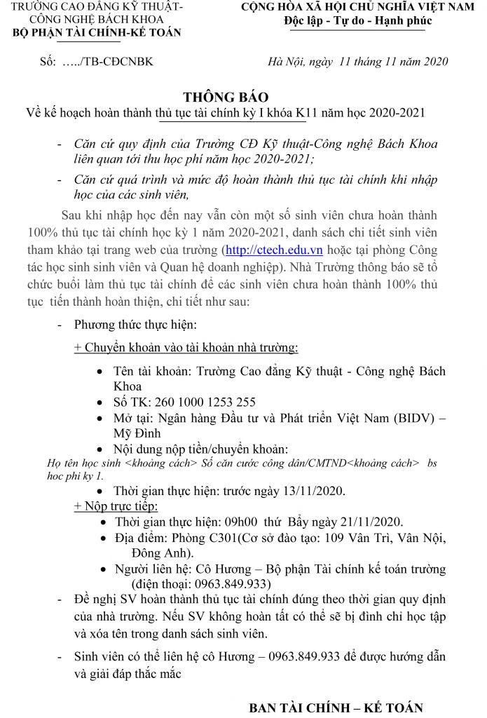 Thông báo về thời gian đóng học phí K11